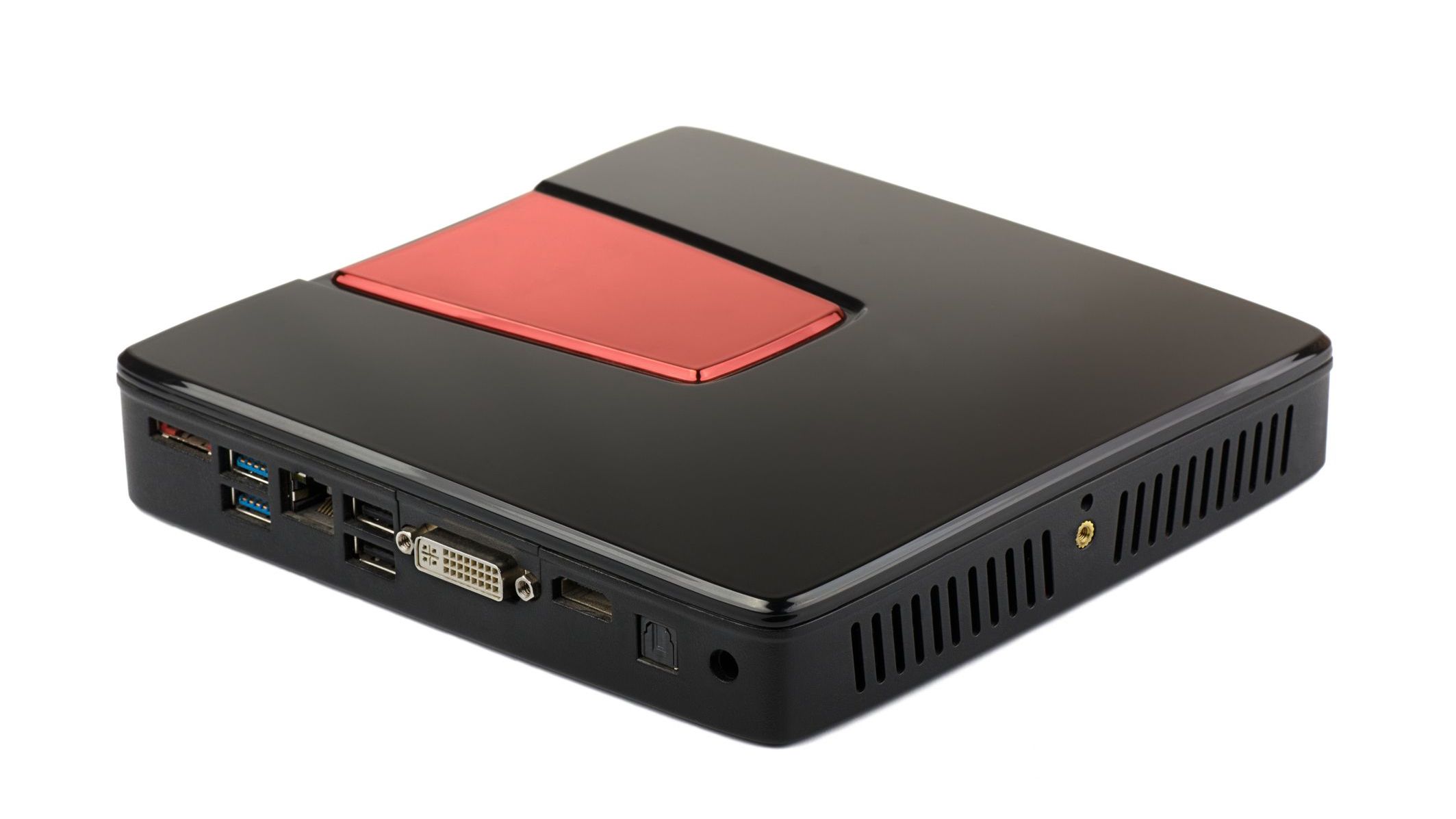 mini-pc som ses fra siden med forskellige output udgange