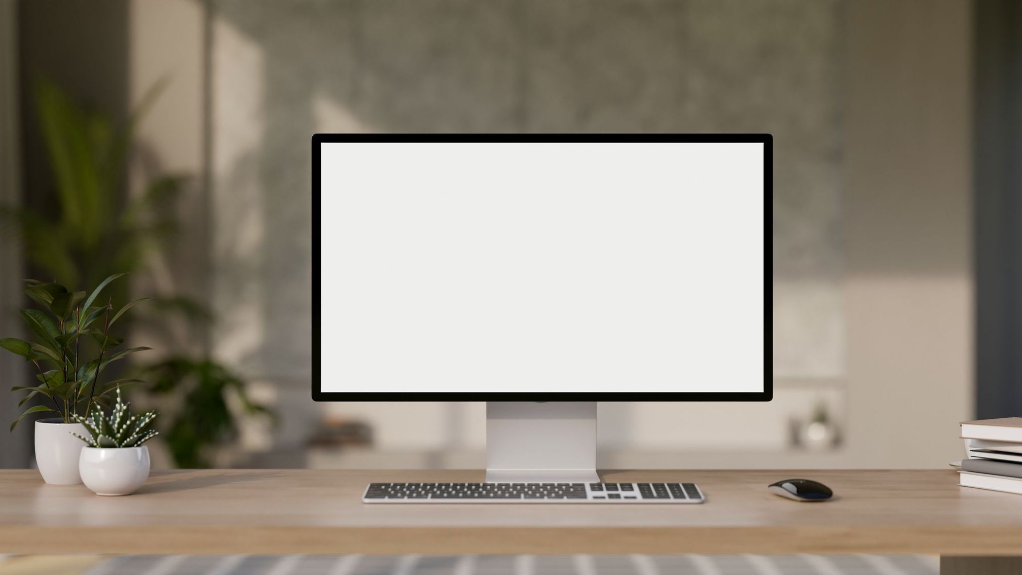 A front view of a white-screen desktop computer mockup and accessories on a wooden desk in a modern office room. private office, home office