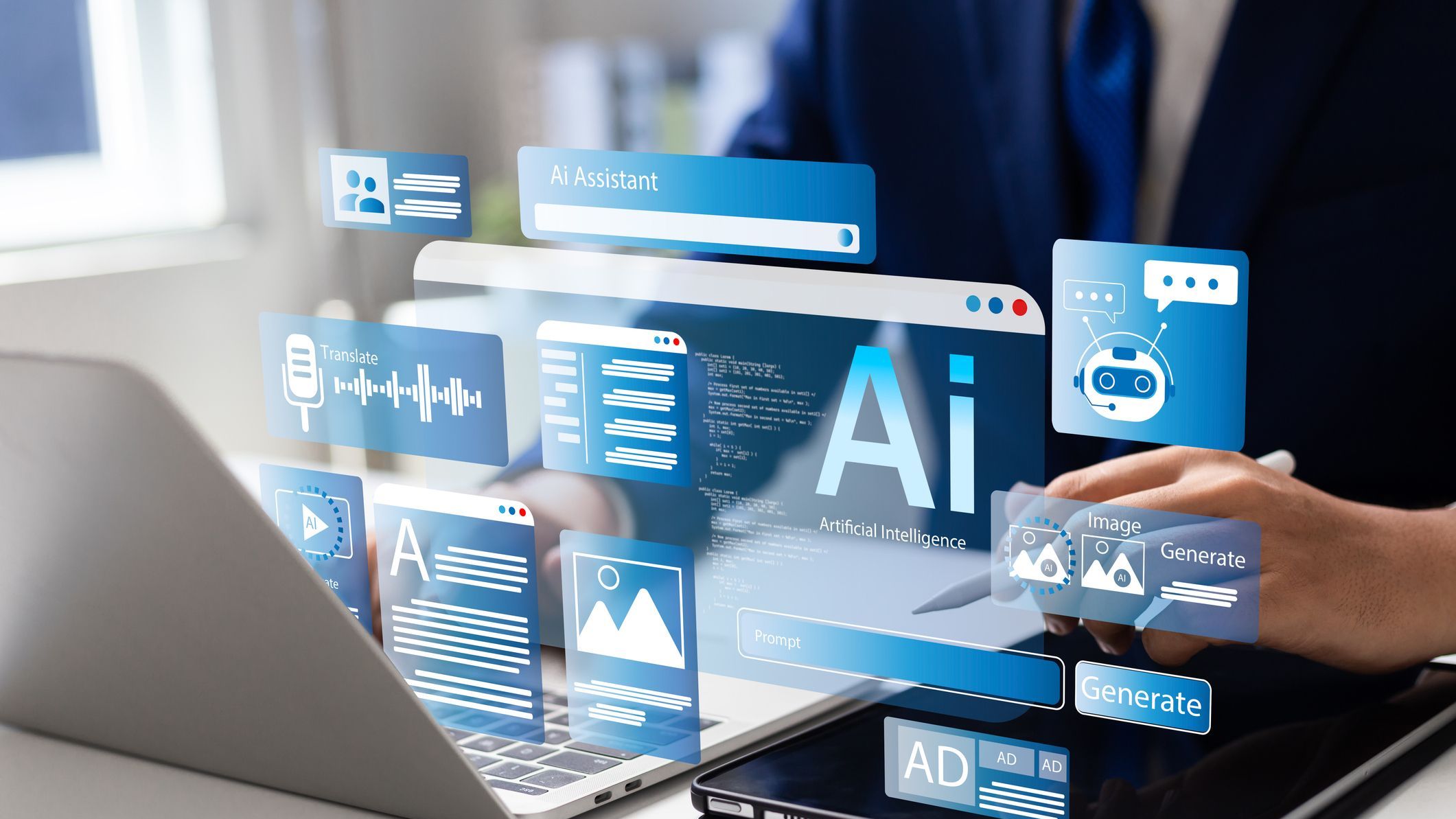Ai, Artificial intelligence, Man uses laptop to access artificial intelligence tools for content Creation