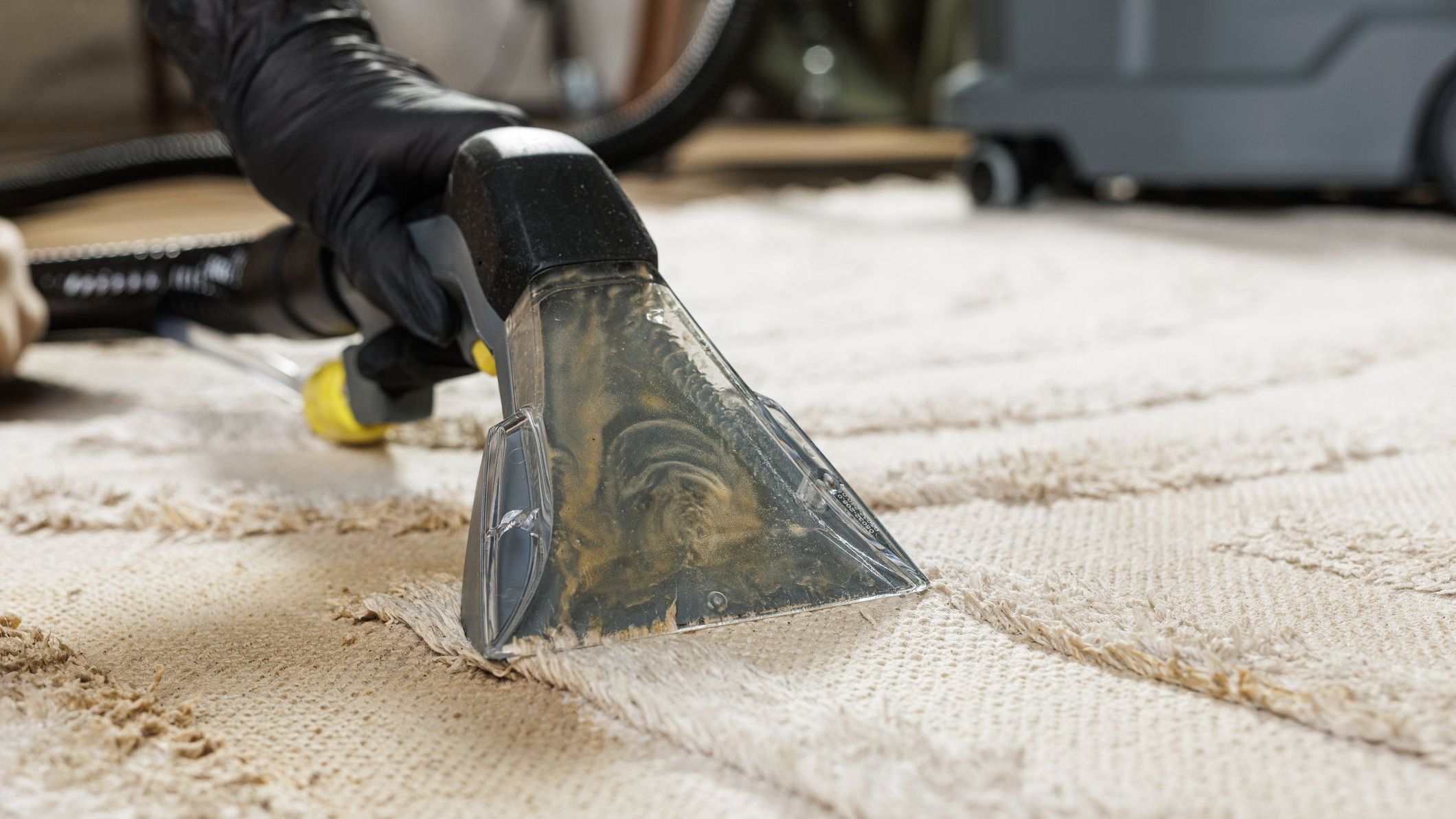 Professional Carpet Cleaning Process with Upholstery Tool in Action