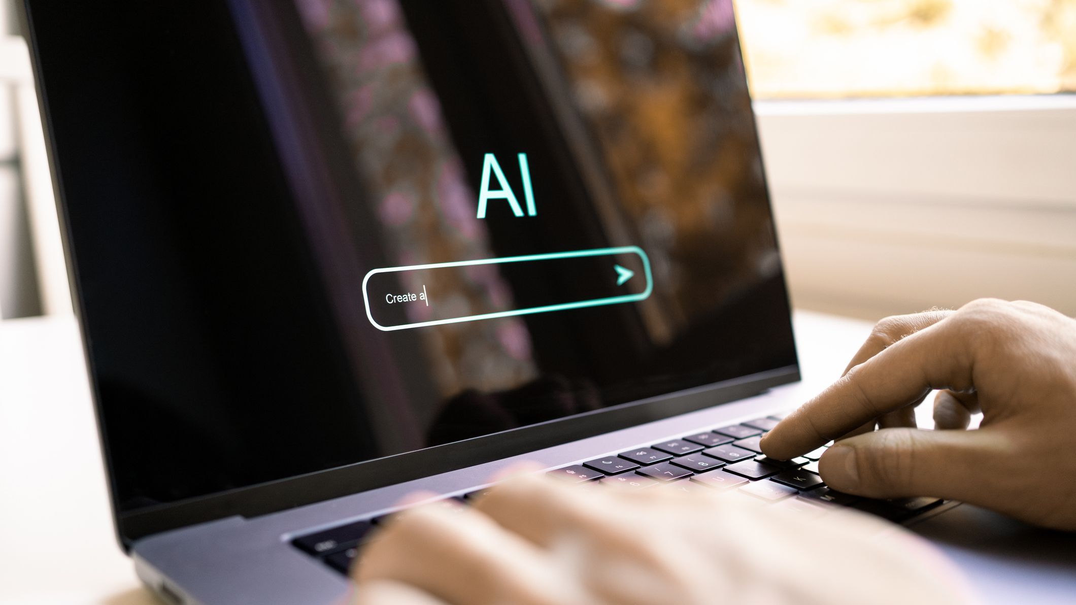 AI prompt to generate content or image with computer. Text model. Artificial intelligence in laptop. Photo generator at creative work