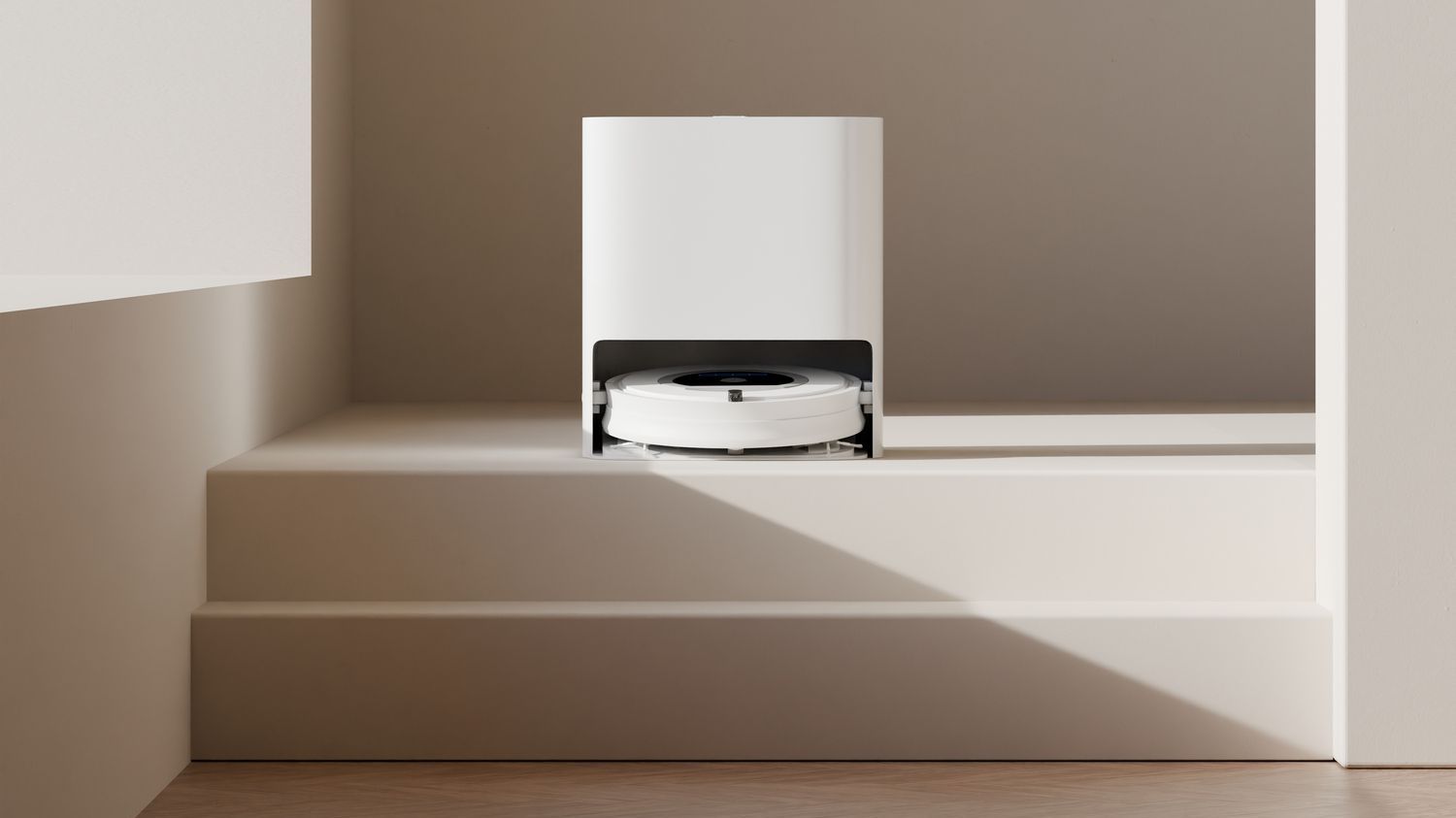 Modern Minimalist Living Room Interior with Smart Robot Vacuum Cleaner